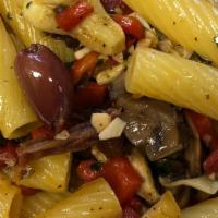 Rigatoni Primavera · tube pasta with artichokes, olives, bell peppers, mushrooms in garlic olive oil.