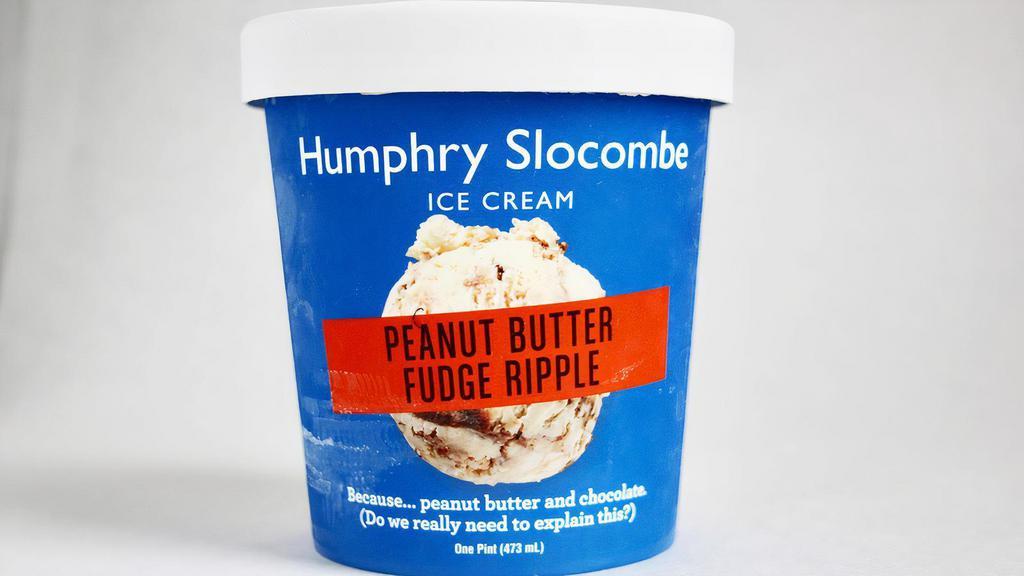 Humphry Slocombe Peanut Butter Fudge Ripple · Peanut butter ice cream with a chocolate fudge swirl. Contains dairy, eggs, and peanuts. We cannot make substitutions.