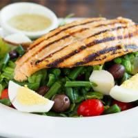 Grilled Salmon Niçoise Salad · Romaine lettuce, French beans, hard boiled egg, red potato, kalamata olives, capers, house v...