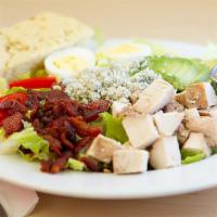 Chicken Cobb Salad · Chicken, bacon, avocado, hard boiled egg, cherry tomato, gorgonzola, romaine, house vinaigre...