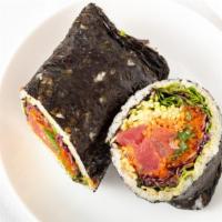Hawaiian Burrito · Yellowfin tuna poke, masago, takuan, cucumber, fresh carrots, seaweed, red cabbage, fried on...