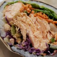 Sumo salmon · Oven-baked miso-salmon,  shrimp tempura, red cabbage, carrots, crunchy
jalapeno, miso- mayon...