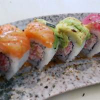 Rainbow Special Roll · California roll and fresh salmon, yellowtail, tuna and cooked shrimp unagion top.