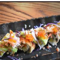 Dragon  Roll · Crab meat, shrimp tempura, topped with
unagi and masako  , sweet soy glaze