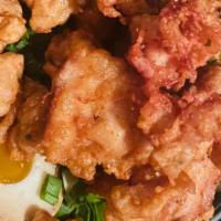 Chicken ramen · Come with chicken seafood broth ,Chicken karaage, spicy oil,  greens, half slow cook egg, gr...