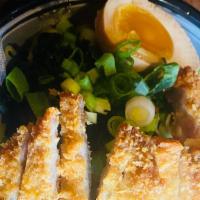 Shoyu pork katsu ramen · Come with pork katsu, bamboo, seaweed,half slow coke egg, green onion, request spicy level( ...