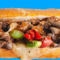 Veggie and Cheese · Roasted bell peppers and mushrooms, grilled onions, and melted provolone on a hoagie roll.