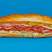 Ham And Cheese Hoagie · Sliced ham with tomato, red onion, lettuce, mayo, and provolone on a hoagie roll.