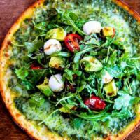 Arugula Pesto Pizza Salad · Cauliflower crust, basil pesto, 6-slices. Cauliflower crust, organic basil pesto, our-award ...