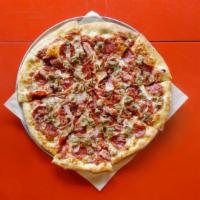 Zcarnivore Pizza · Housemade marinara, mozzarella, all natural pepperoni, smoked ham, fennel sausage, smoked ba...
