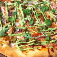 Zjalapeño Pizza (Large) · Chipotle marinara, mozzarella, red onion, fennel sausage, jalapeño, cilantro, avocado crema.