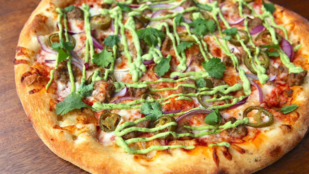 Zjalapeño Pizza (Large) · Chipotle marinara, mozzarella, red onion, fennel sausage, jalapeño, cilantro, avocado crema.