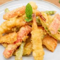 Assorted Tempura · House-made tempura (shrimp, crabmeat, asparagus, pumpkin, potato, and sweet potato) with tem...