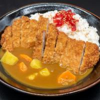 Tonkatsu Curry  · Breaded, deep-fried pork cutlet, served with curry, rice, and pickles.