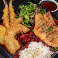 Grilled Salmon Bento · Our popular dish! Grilled salmon, house-made shrimp tempura, vegetable tempura, salad and wh...