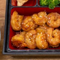 Grilled Shrimp Bento · Grilled shrimp, house-made shrimp tempura, vegetable tempura, salad and white rice