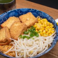 Crispy Tofu Ramen · Ramen noodle in miso soup with crispy tofu, bean sprouts, scallion, and sweet corns