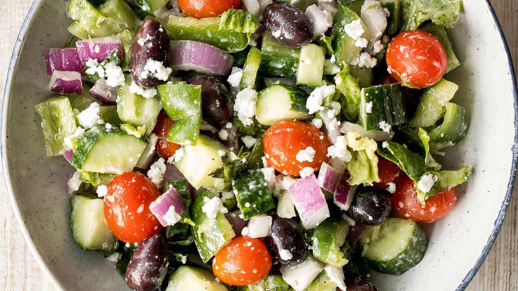 Greek Salad · Romaine, mixed greens, fresh sliced tomatoes, Kalamata olives, red onions, sliced cucumbers, feta cheese tossed in Italian dressing.