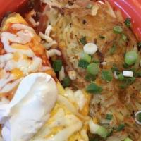 Tricolor Burrito · Meat, rice, beans, salsa, topped with green and red enchilada sauce, sour and cream.