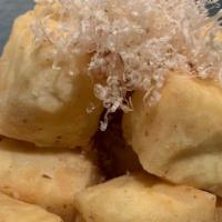 Agedashi Tofu · Deep-fried tofu topped with bonito flakes, scallions and ponzu.
