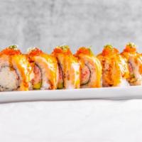 Lion King · Baked California roll topped with salmon, tobiko with spicy mayo.