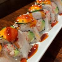 OMG Roll · Spicy imitation crab meat and avocado topped with seared white tuna with jalapeno and spicy ...