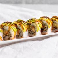 Caterpillar Roll · Avocado over eel and cucumber topped with unagi sauce.