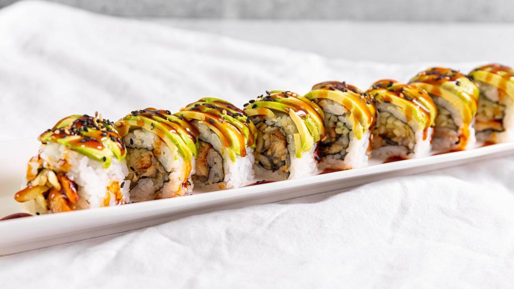 Caterpillar Roll · Avocado over eel and cucumber topped with unagi sauce.
