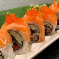 Salmon Lovers Roll · Salmon skin and cucumber topped with salmon, tobiko and  scallion.