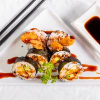 Spider Roll · Soft shell crab with avocado and tobiko.