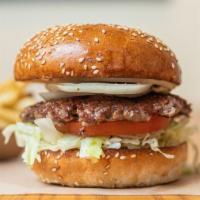 Hamburger · 100% grass feed beef served on a locally baked sesame seed bun with lettuce, tomato, onion a...
