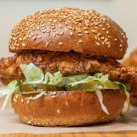 Fried Chicken · Buttermilk fried chicken breast on a locally baked sesame seed bun with lettuce, pickles and...