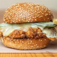 Spicy Fried Chicken Sandwich · Grilled fresh pasilla pepper, Pepper Jack cheese and homemade pepper relish and Sriracha aio...