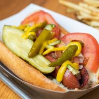 Chicago Dog · Neiman ranch 100% all-beef. Served with relish, onions, tomato, cucumbers, pickle, sport pep...