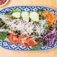 Healthy Salad · Vegetarian. Mixed greens with tomatoes, cucumber, carrots and house honey dressing topped wi...