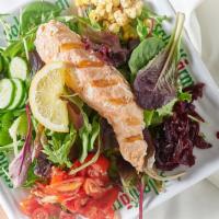 Salmon Salad · Mixed greens, cucumbers, tomatoes, lemon, grilled salmon, corn, beets.