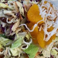 Chinese Chicken Salad · Iceberg, carrots, wontons, rice noodle, cabbage, chicken, mandarin oranges, almonds.