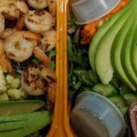 11. Shrimp & Avocado Salad · Organic baby field greens, grape tomatoes, fire roasted corn, baked beets, marinated grilled...