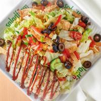 1. BBQ Chicken Salad · Chopped iceberg lettuce, persian cucumbers, grape tomatoes, sliced ripe olives, scallions, f...