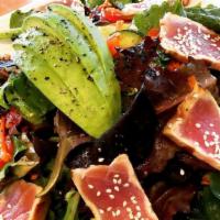 10. Seared Tuna Salad · Organic baby field greens, julienne cut carrots, grape tomatoes, persian cucumbers, scallion...