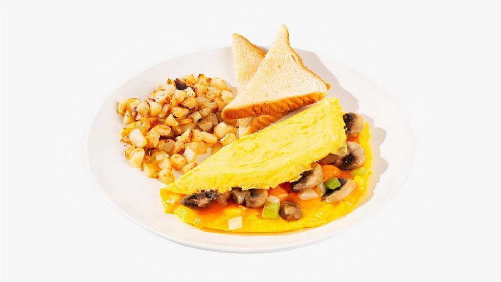 Veggie Omelette · Three eggs scrambled with your choice of cheese, peppers, onions, and mushrooms. Served with home fries and toast.