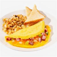 Ham & Cheese · Three eggs scrambled with Cheddar cheese, ham, onions, and bell peppers. Served with home fr...