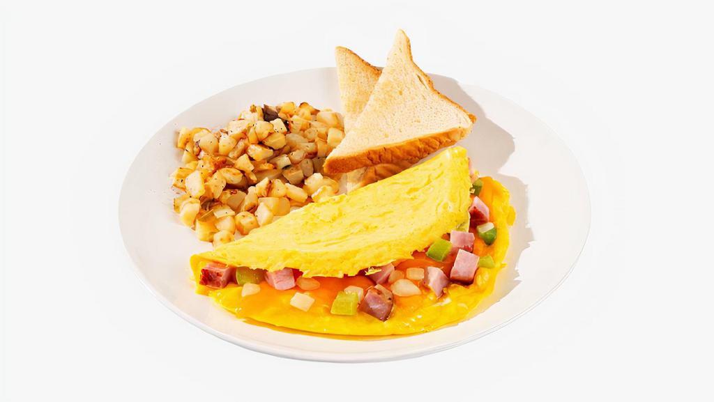 Ham and Cheese Omelette · Three eggs scrambled with cheddar cheese, ham, onions, and bell peppers. Served with home fries and toast.