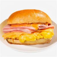 Ham Egg & Cheese Breakfast Sandwich · Two eggs with melted cheese and ham.
