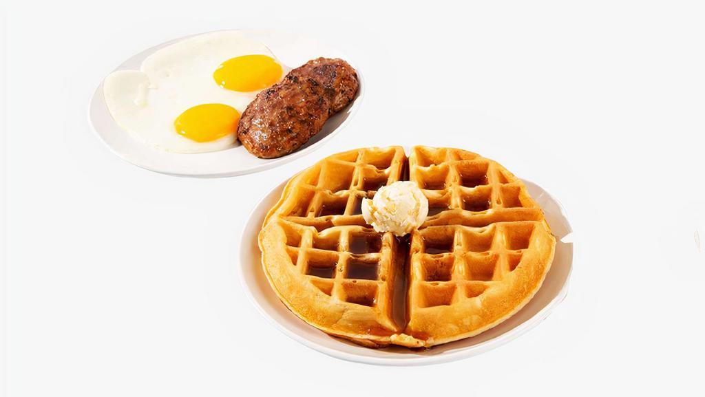 Belgian Waffle Combo · One large Belgian-style waffle served with syrup and powdered sugar, plus your choice of breakfast meat and two eggs your way.