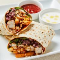 Mediterranean Chicken Wrap · Roasted organic spicy chicken thighs, lettuce, tomato, cucumber, pickled red onion and spicy...