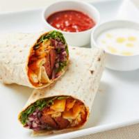 Mediterranean Meatball Wrap · Roasted spicy lamb kebab, lettuce, tomato, cucumber, pickled red onion and spicy yogurt dres...