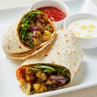 Mediterranean Chickpeas Wrap (V) · Roasted curry chickpeas with mushroom, lettuce, tomato, cucumber and pickled red onion wrapp...