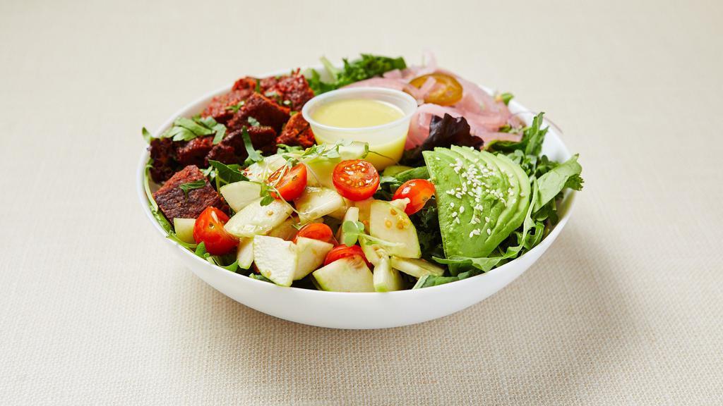 Mediterranean Meatball Salad · Mixed green salad (arugula, spinach, lettuce) served with roasted spicy lamb kebab, grape tomato, cucumber, parsley, avocado, pickled red onion and lemon-mustard vinaigrette. Gluten-free. Dairy-free.