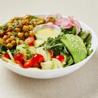 Mediterranean Chickpeas Salad (V) · Mixed green salad (arugula, spinach, lettuce) served with roasted curry chickpeas with mushr...